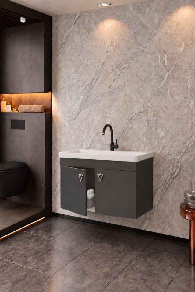 Kemer 80 Cm, Alt Banyo Dolabı, Lavabolu, Antrasit, Kapaklı Banyo Dolabı, Seramik Lavabo Dahil, Mdf