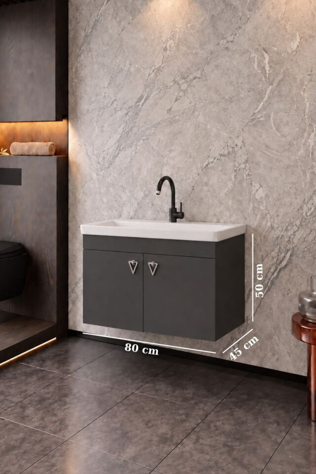 Kemer 80 Cm, Alt Banyo Dolabı, Lavabolu, Antrasit, Kapaklı Banyo Dolabı, Seramik Lavabo Dahil, Mdf