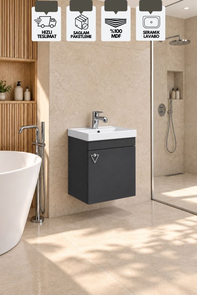 Kemer 50 Cm, Alt Banyo Dolabı, Lavabolu, Antrasit, Kapaklı Banyo Dolabı, Seramik Lavabo Dahil, Mdf