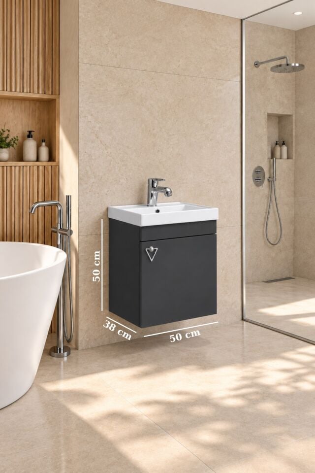 Kemer 50 Cm, Alt Banyo Dolabı, Lavabolu, Antrasit, Kapaklı Banyo Dolabı, Seramik Lavabo Dahil, Mdf