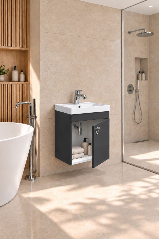 Kemer 50 Cm, Alt Banyo Dolabı, Lavabolu, Antrasit, Kapaklı Banyo Dolabı, Seramik Lavabo Dahil, Mdf