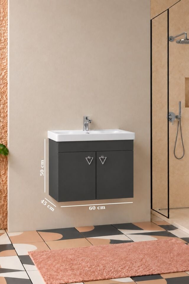 Kemer 60 Cm, Alt Banyo Dolabı, Lavabolu, Antrasit, Kapaklı Banyo Dolabı, Seramik Lavabo Dahil, Mdf