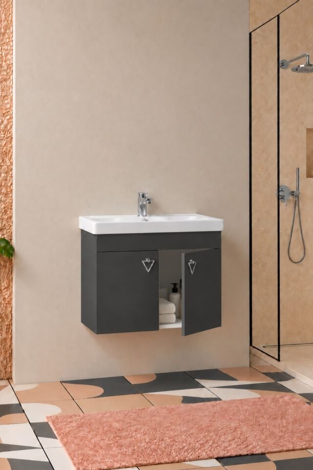 Kemer 60 Cm, Alt Banyo Dolabı, Lavabolu, Antrasit, Kapaklı Banyo Dolabı, Seramik Lavabo Dahil, Mdf