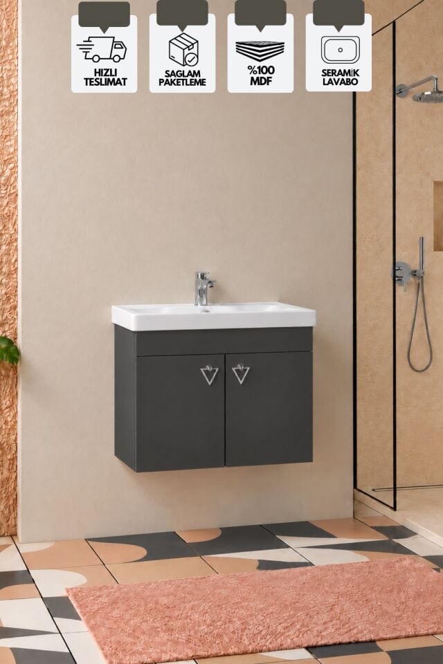 Kemer 60 Cm, Alt Banyo Dolabı, Lavabolu, Antrasit, Kapaklı Banyo Dolabı, Seramik Lavabo Dahil, Mdf