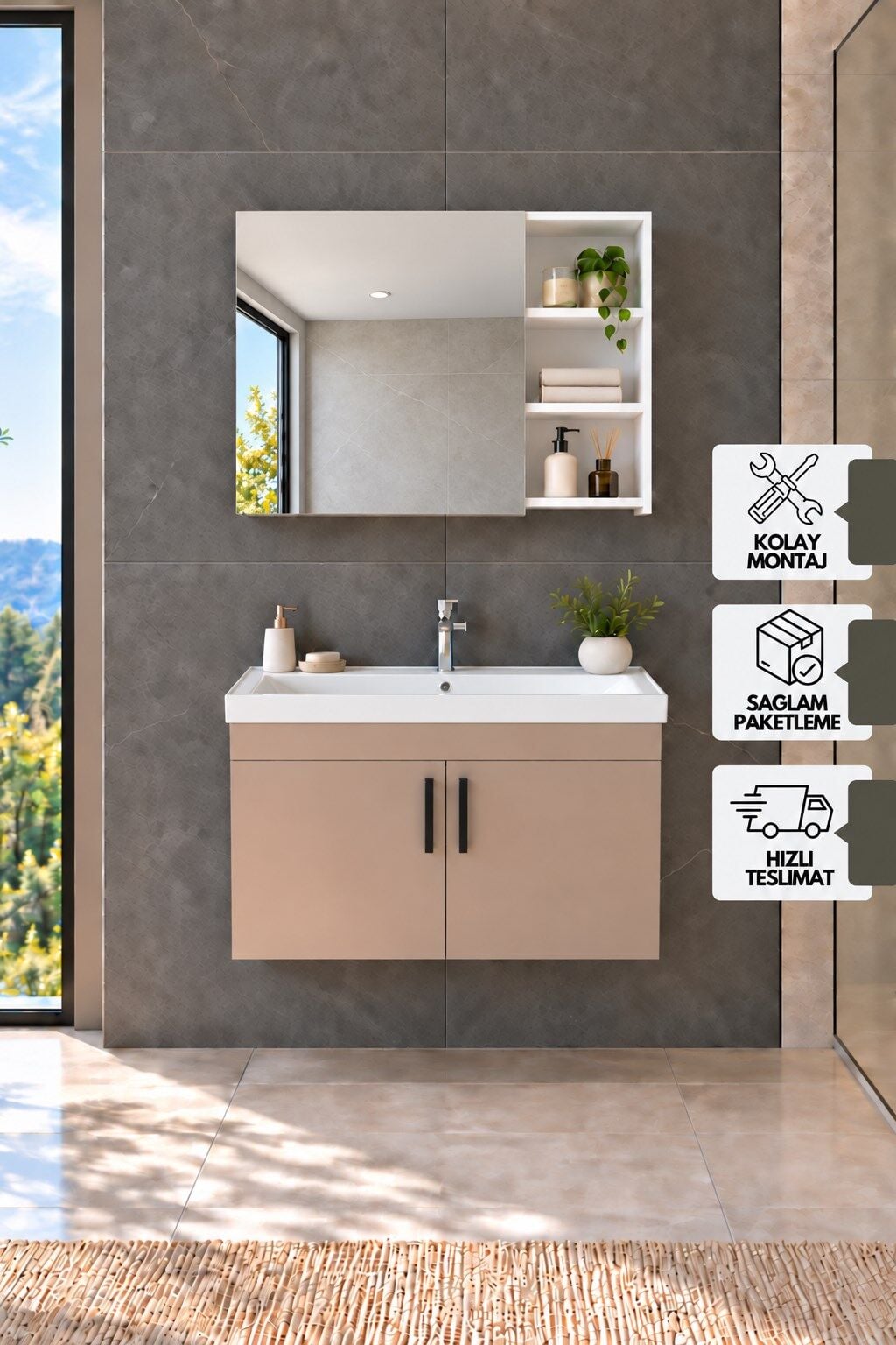 Latte 80 Cm, Lavabolu Banyo Dolabı, Lavabo Dahil, Ayna Dahil, Beyaz - Latte