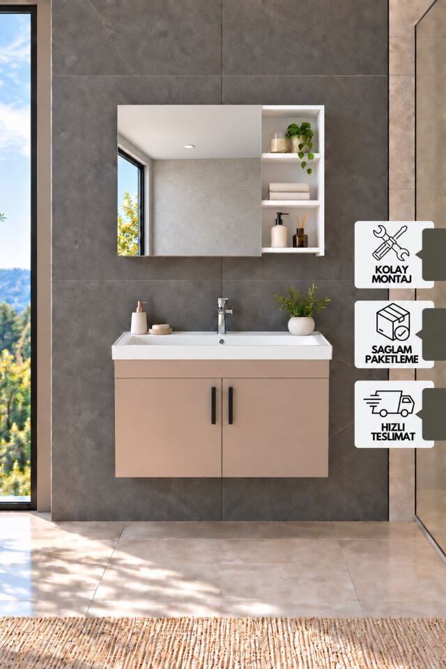 Latte 80 Cm, Lavabolu Banyo Dolabı, Lavabo Dahil, Ayna Dahil, Beyaz - Latte