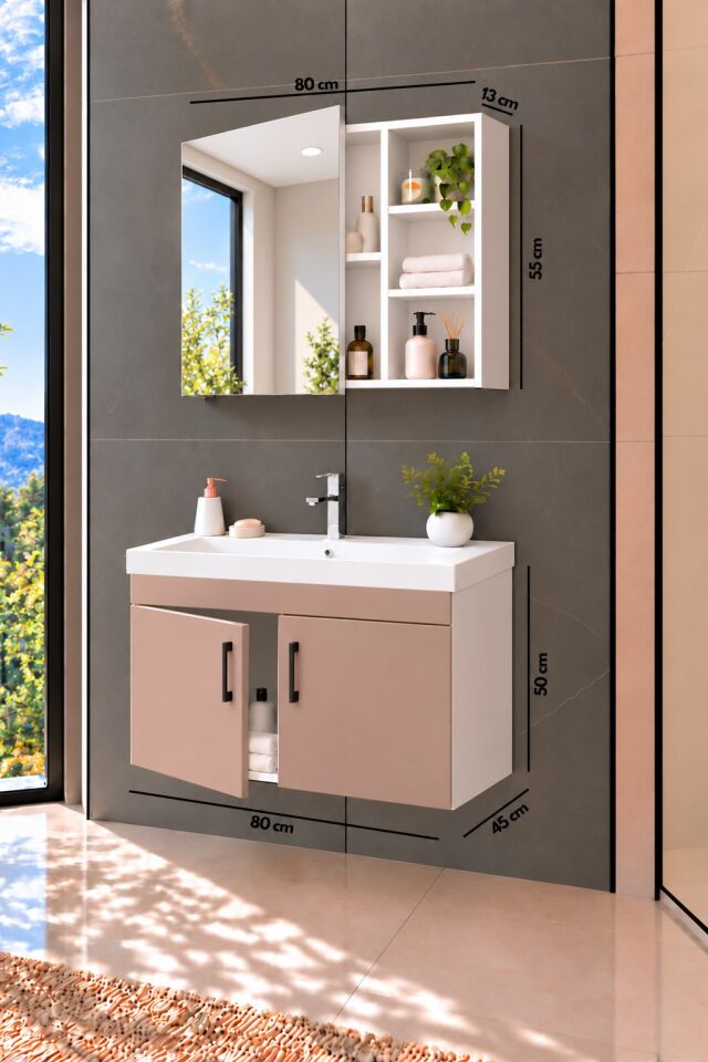 Latte 80 Cm, Lavabolu Banyo Dolabı, Lavabo Dahil, Ayna Dahil, Beyaz - Latte