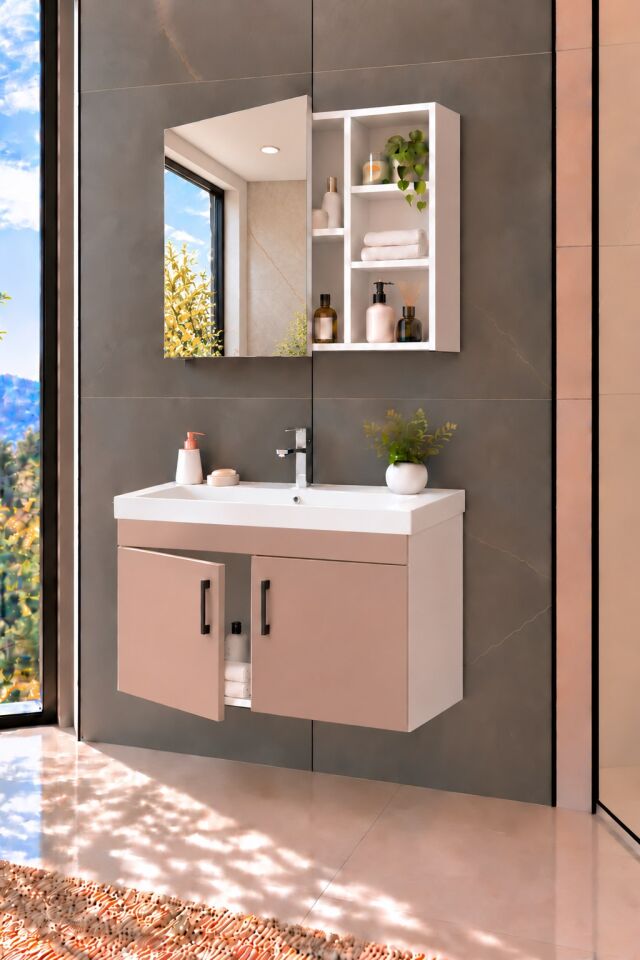 Latte 80 Cm, Lavabolu Banyo Dolabı, Lavabo Dahil, Ayna Dahil, Beyaz - Latte