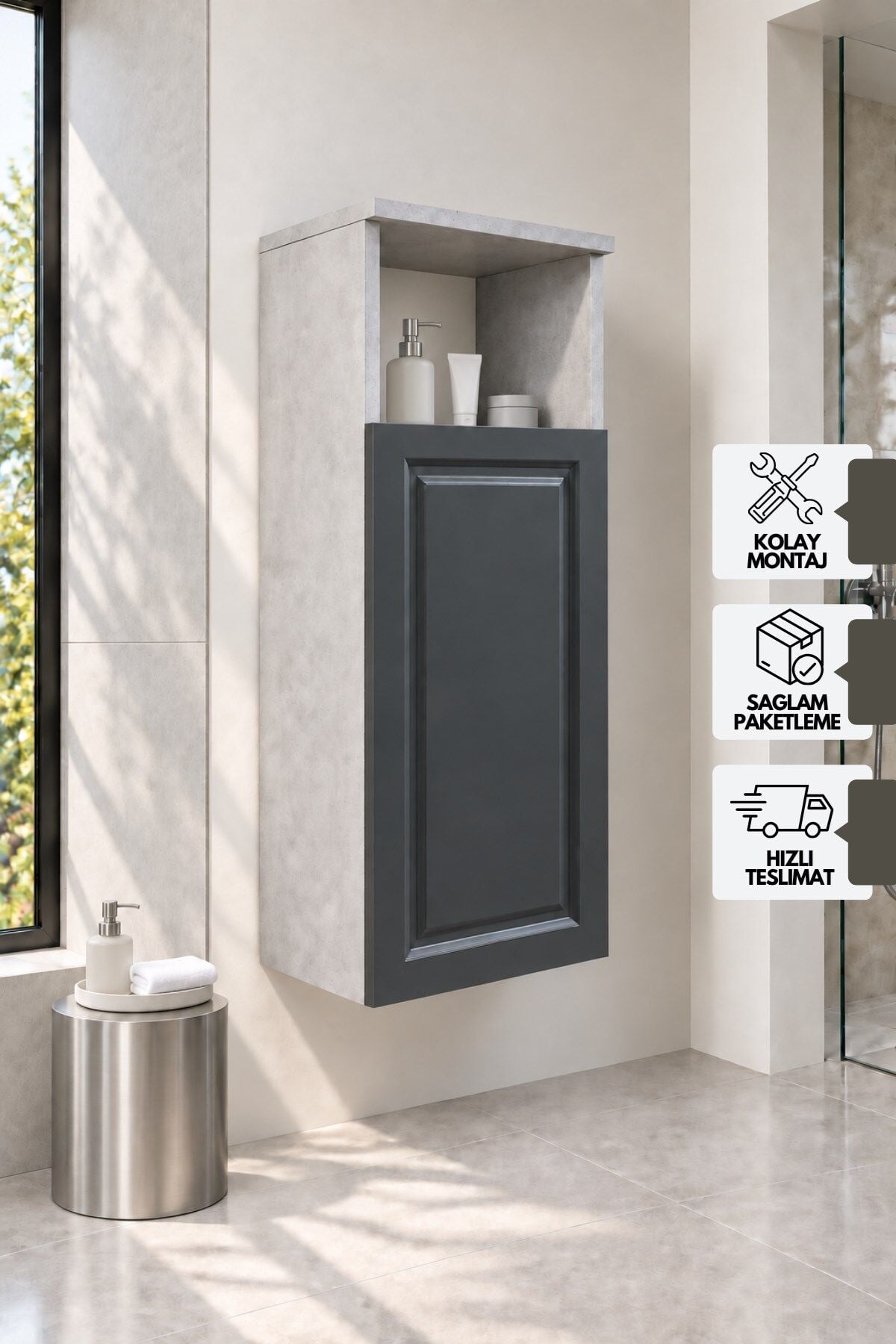 Karen Banyo Burgaz Çok Amaçlı Dolap, Retro Taş - Antrasit 