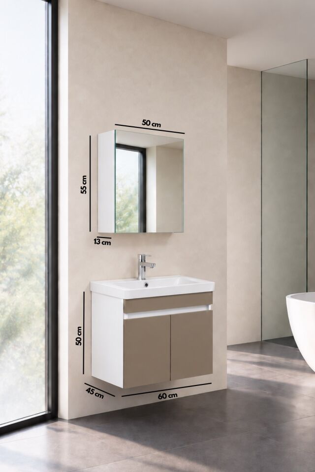 Sedef 60 Cm, Lavabolu Banyo Dolabı, Lavabo Dahil, Ayna Dahil, Beyaz - Dafne