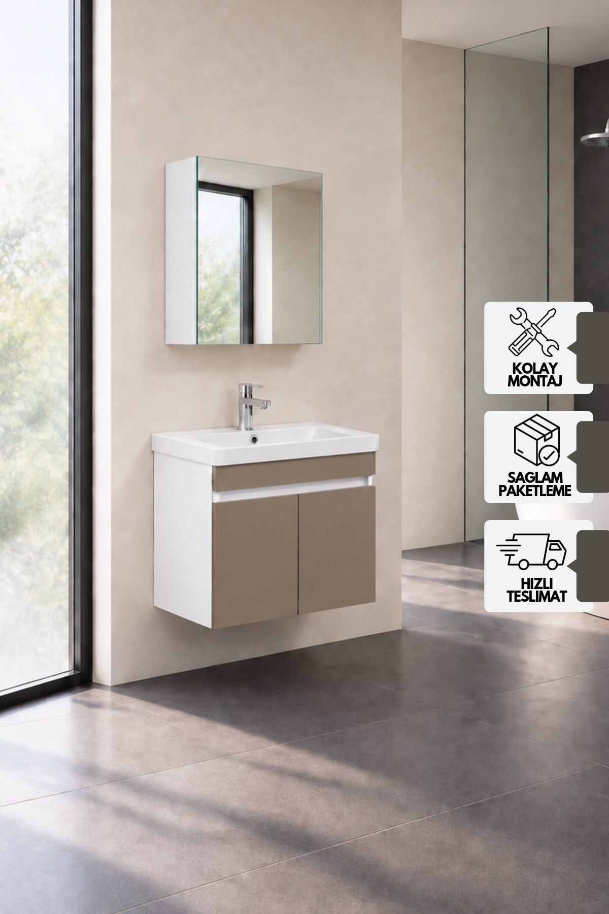 Sedef 60 Cm, Lavabolu Banyo Dolabı, Lavabo Dahil, Ayna Dahil, Beyaz - Dafne