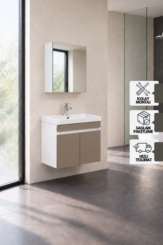 Sedef 60 Cm, Lavabolu Banyo Dolabı, Lavabo Dahil, Ayna Dahil, Beyaz - Dafne
