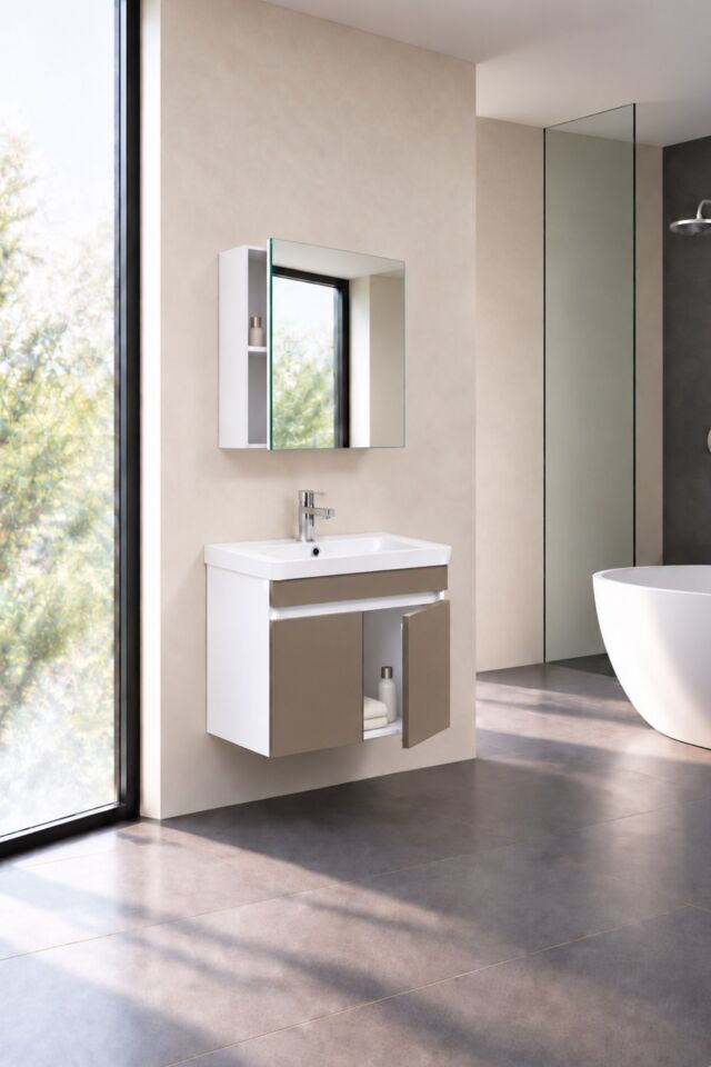 Sedef 60 Cm, Lavabolu Banyo Dolabı, Lavabo Dahil, Ayna Dahil, Beyaz - Dafne