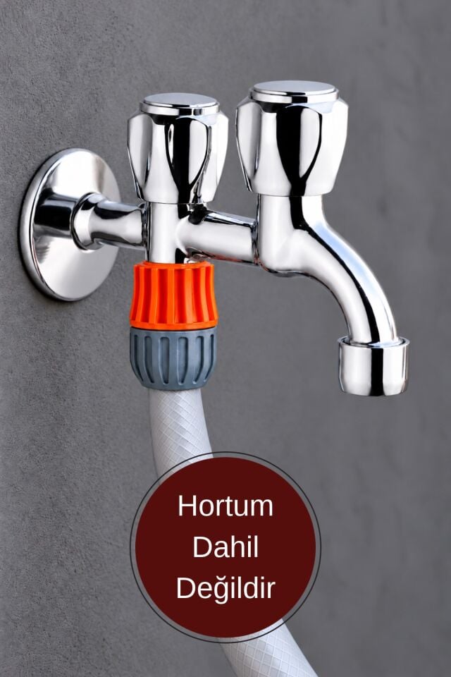 Uzun Musluk Çift Çıkışlı, Krom, + 1/2 Hortum Bağlantı Aparatı Dahil