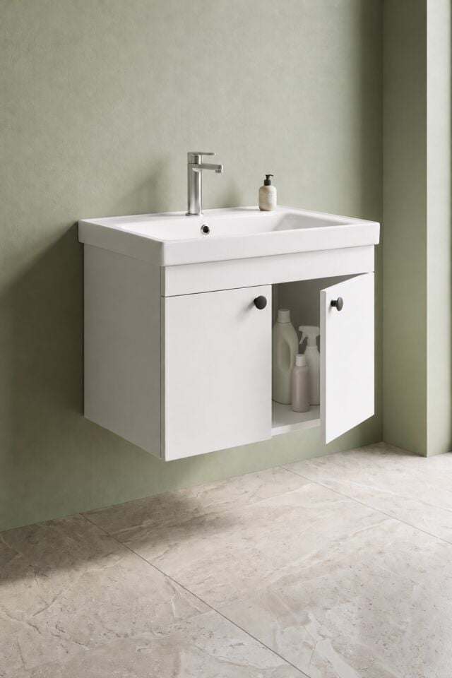 Mimoza 80 Cm, Mdf, Lavabolu Alt Banyo Dolabı, Kapaklı Banyo Dolabı, Seramik Lavabo Dahil, Mdf