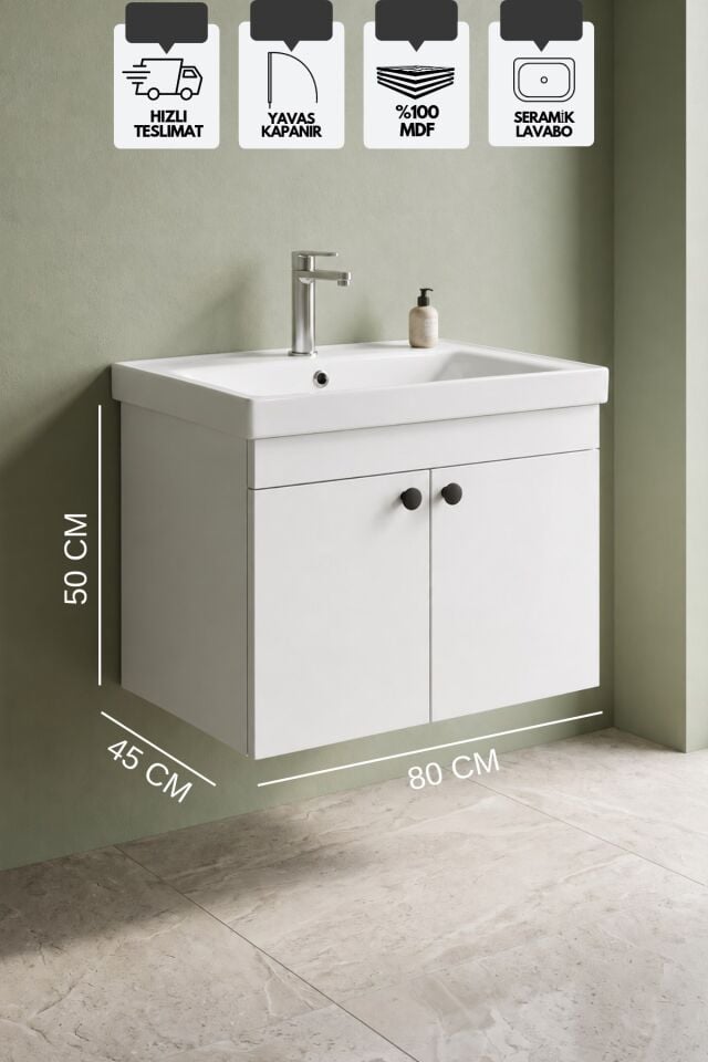 Mimoza 80 Cm, Mdf, Lavabolu Alt Banyo Dolabı, Kapaklı Banyo Dolabı, Seramik Lavabo Dahil, Mdf