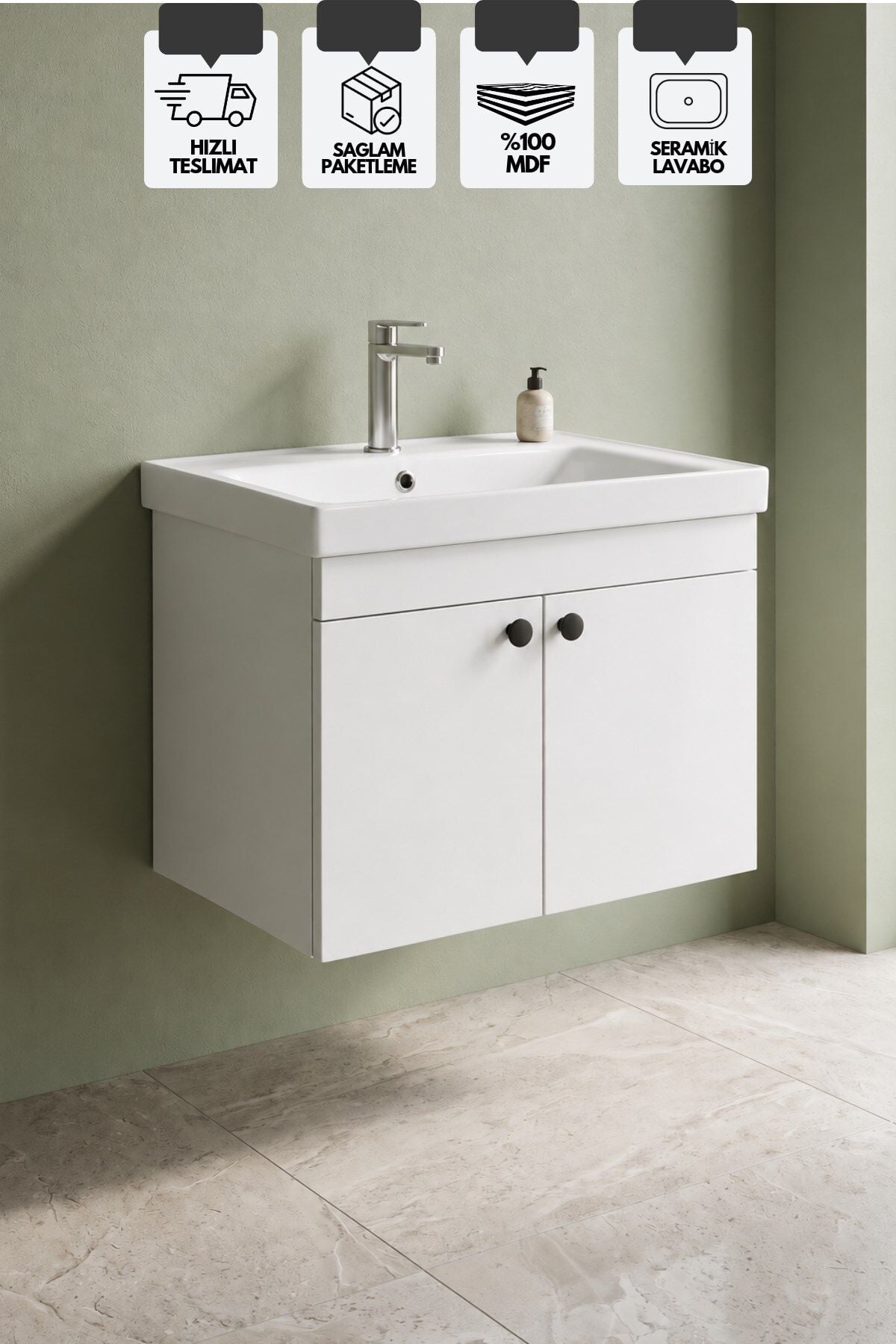 Mimoza 80 Cm, Mdf, Lavabolu Alt Banyo Dolabı, Kapaklı Banyo Dolabı, Seramik Lavabo Dahil, Mdf