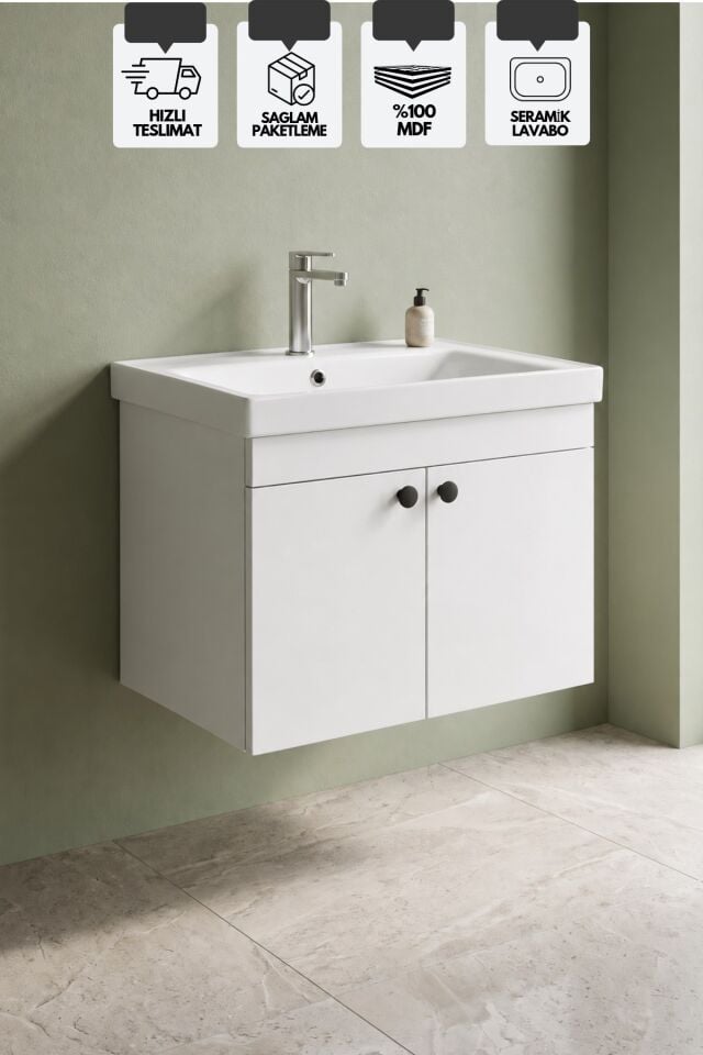 Mimoza 80 Cm, Mdf, Lavabolu Alt Banyo Dolabı, Kapaklı Banyo Dolabı, Seramik Lavabo Dahil, Mdf