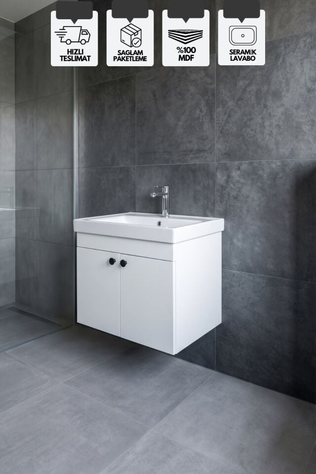 Mimoza 60 Cm, Mdf, Lavabolu Alt Banyo Dolabı, Kapaklı Banyo Dolabı, Seramik Lavabo Dahil, Mdf