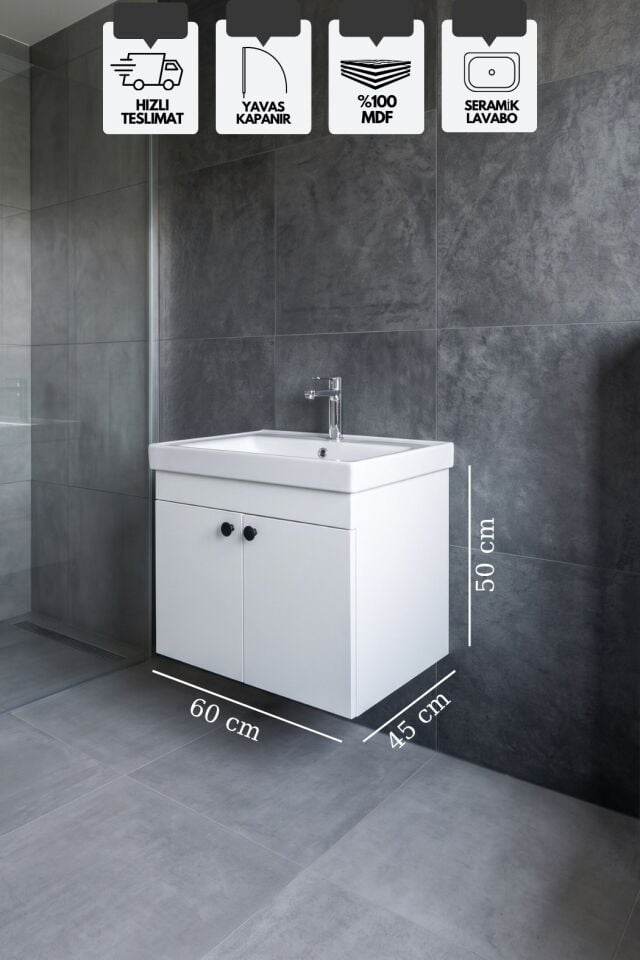 Mimoza 60 Cm, Mdf, Lavabolu Alt Banyo Dolabı, Kapaklı Banyo Dolabı, Seramik Lavabo Dahil, Mdf